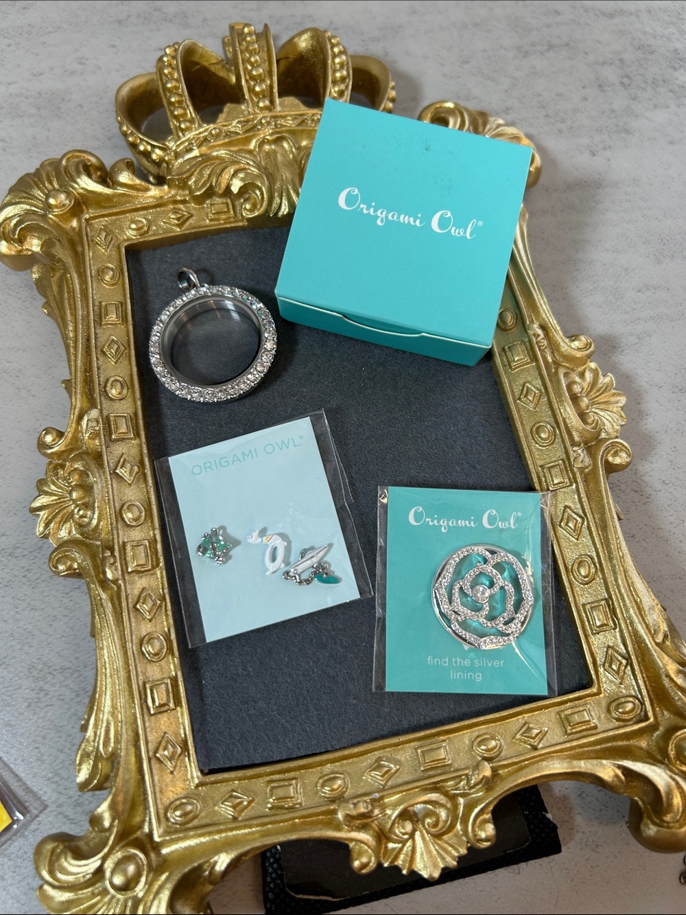 Bundle of Origami Owl Silver w/Crystals Large Locket & Charms